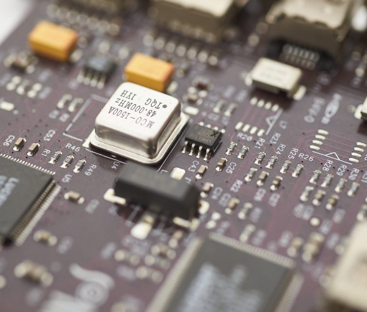 A close-up of a circuit board with electronic components